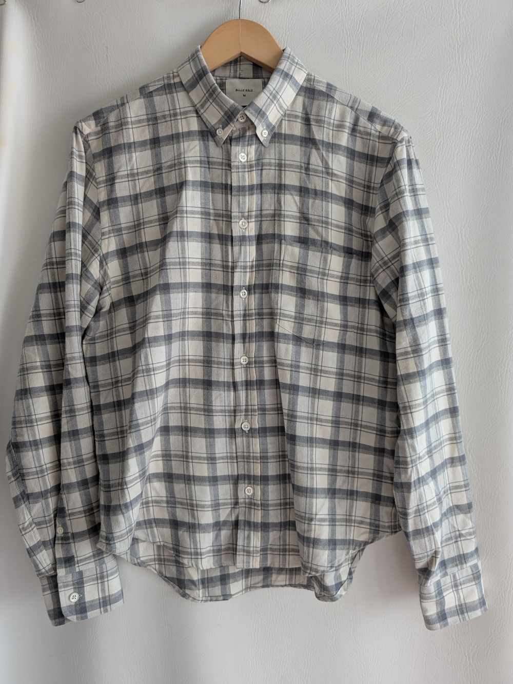 Billy Reid Cotton Wool Flannel Gray and White Plaid Button-Down Shirt - M
